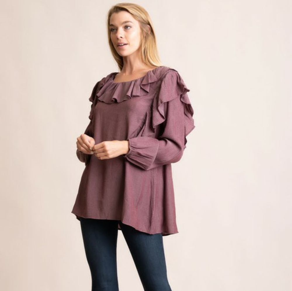 OVERSIZE RUFFLE NECK LONG SLEEVE BOHO CASU…